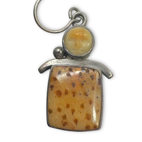 Vintage Sterling Silver Petrified Palm Goddess Dangle Earrings Pierced - Picture 6 of 7